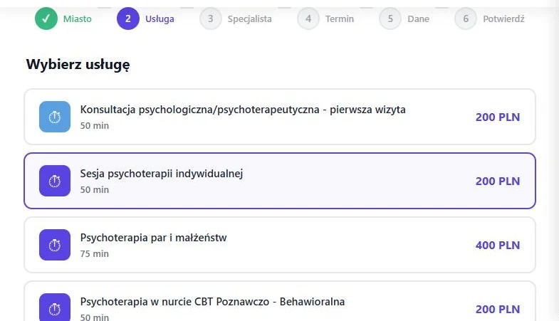 Zrzut ekranu narzędzia: Panel rezerwacji wizyt (Psychosfera Plus)