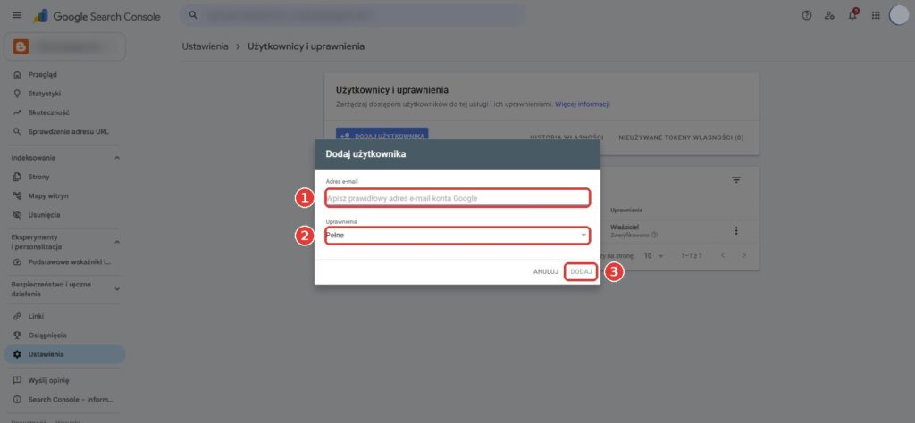 Okno Dodaj użytkownika w Google Search Console – pole adresu e-mail i poziom uprawnień