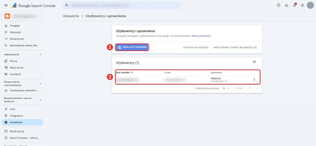 Lista użytkowników w Google Search Console i przycisk Dodaj użytkownika
