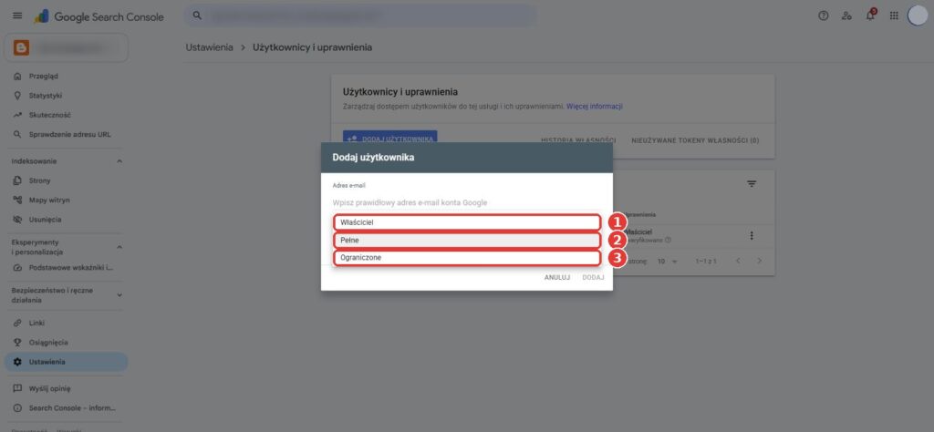 Poziomy uprawnień w Google Search Console: Właściciel, Pełne, Ograniczone