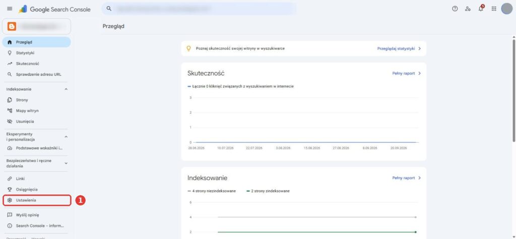 Google Search Console – pozycja Ustawienia w menu bocznym