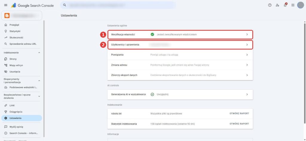 Ustawienia usługi w Google Search Console – Weryfikacja własności i Użytkownicy i uprawnienia